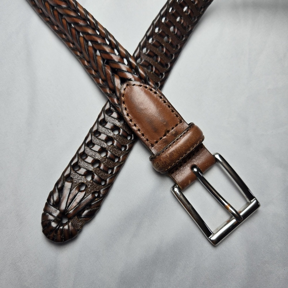 Roundtree & Yorke Genuine Leather Braided Belt Mens 42 Brown Silver Buckle